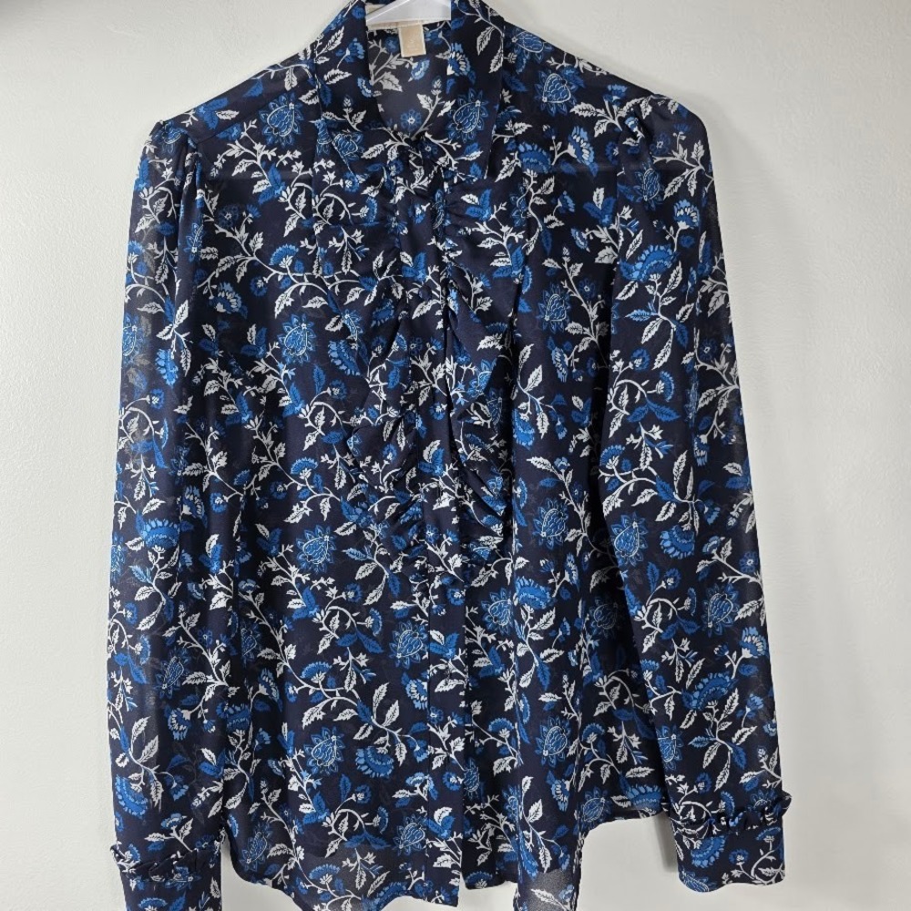 MICHAEL KORS SZ S Navy Blue Floral Print Button Front Long Sleeve‎ Blouse Top